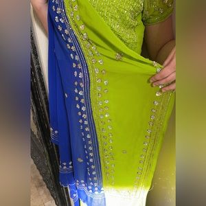 Blue green pre pleated saree